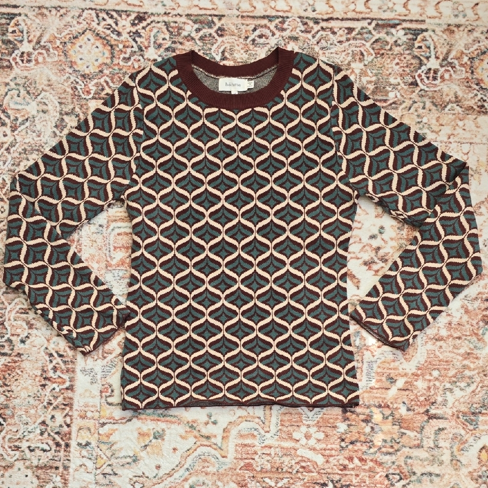 Bohme Women's Brown And Teal Patterned Sweater Size Med